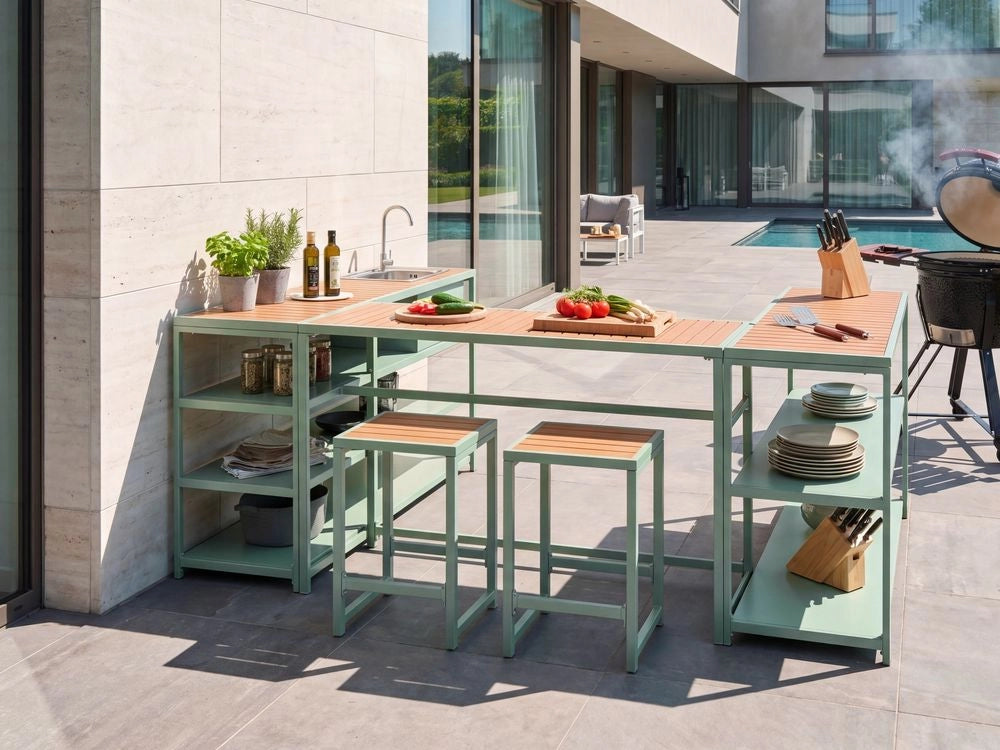 Set cucina da esterno con lavello 6 elementi acciaio verde chiaro con tavolo bar a 2 posti cucina all'aperto stile moderno