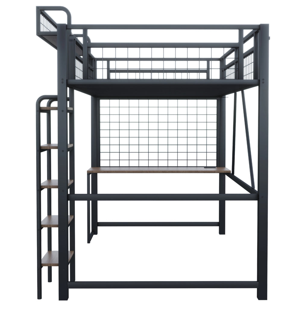 Letto a soppalco in metallo 90x200 cm con scrivania; LED; presa e scala; nero