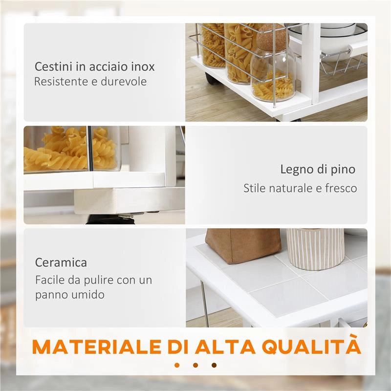 CARRELLO DA CUCINA CON CASSETTO, 4 CESTI E 4 RIPIANI, IN METALLO, CERAMICA E LEGNO, 57X37X83 CM, BIANCO