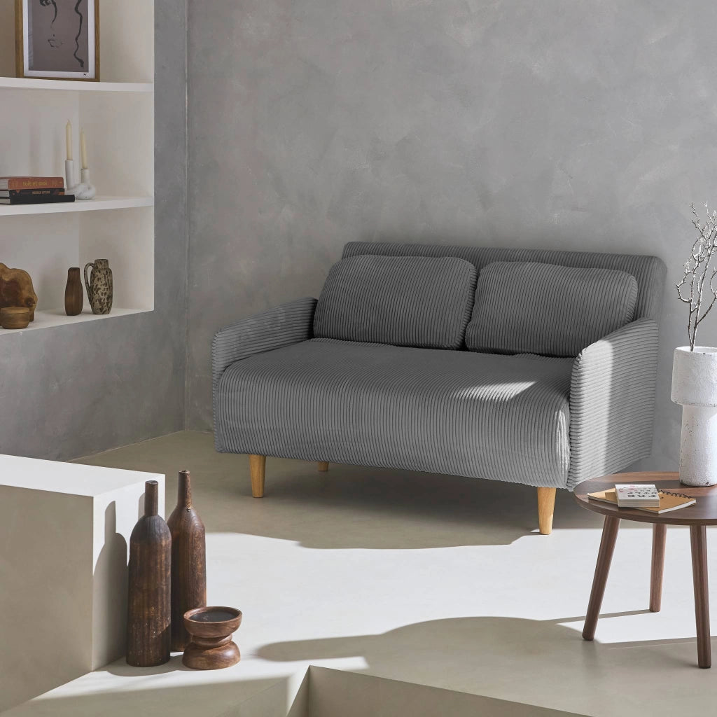 Divano letto in velluto a coste con gambe in legno, 2 posti, grigio