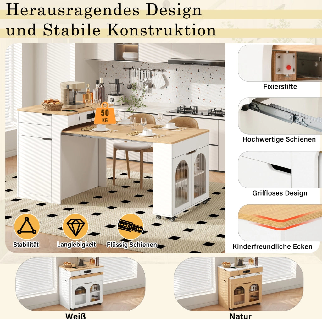 Isola cucina estensibile con prese, vetro e cassetti bianca