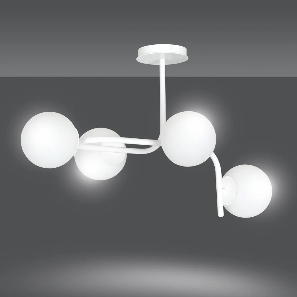 Lampadario 4 Luci Rama In Acciaio Bianco A Bracci Curvi E Sfere In Vetro Opalino