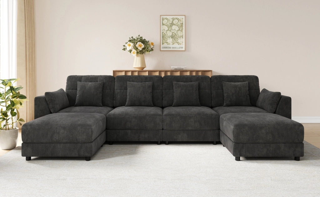 Divano angolare modulare a U e L con 2 pouf mobili, luci LED e tavolino pieghevole, in ciniglia grigio