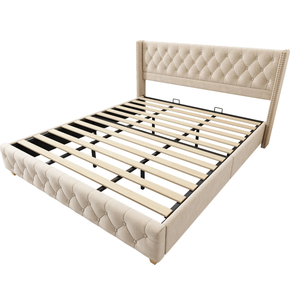Letto imbottito 180x200 cm con testiera capitonn茅 e borchie; velluto beige chiaro (Senza materasso)