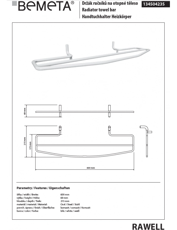 RAWELL doppio portasciugamani bianco per radiatore 60x6,9x21,5 cm