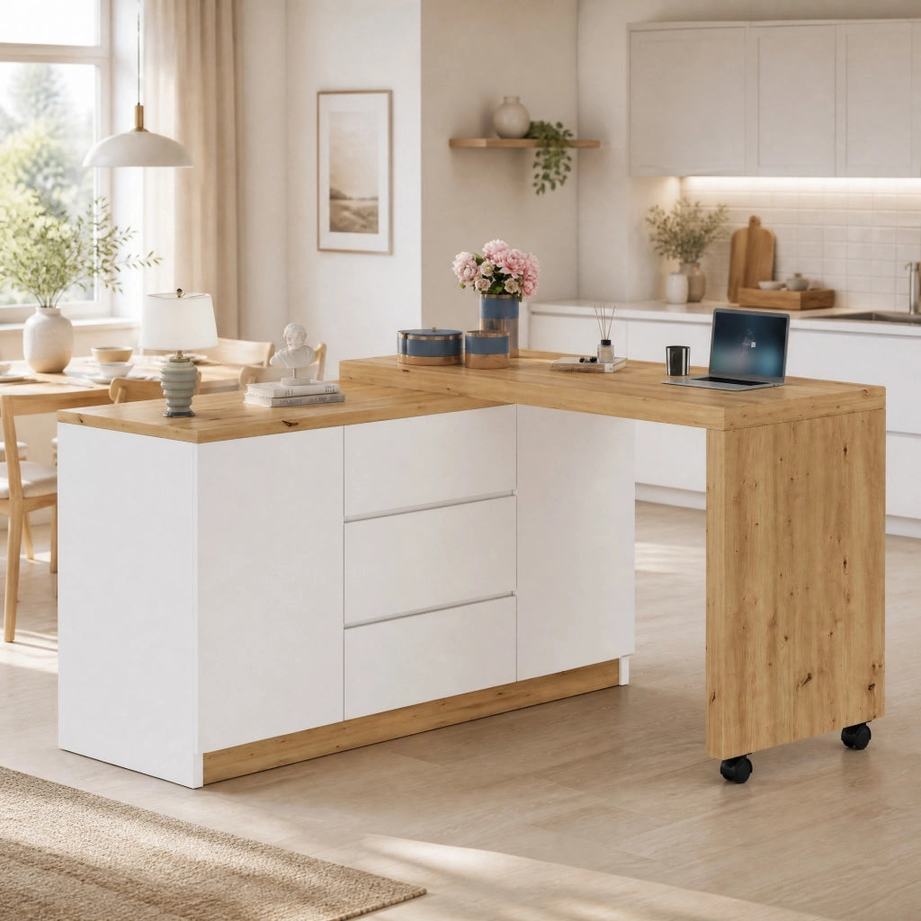 SCRIVANIA pieghevole girevole 120x50x76,5 cm Bianco/Quercia con rotelle