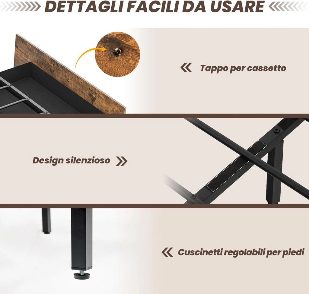 Letto Matrimoniale 140x200 cm, con 4 Cassetti e Testiera, Struttura Letto con Luci LED Regolabile e Presa Multipla, Carico Massimo 300kg, Silenzioso