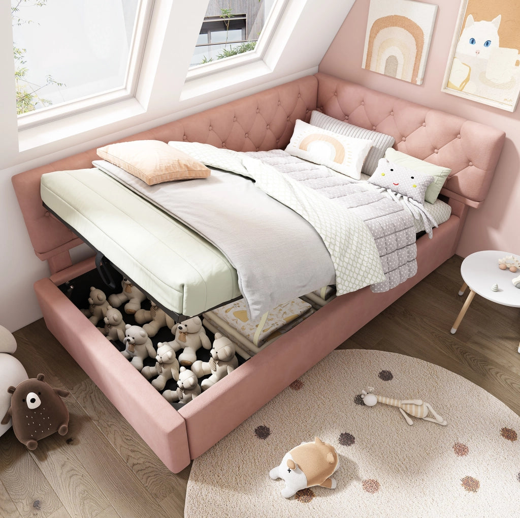 Letto singolo 90x200 cm con contenitore idraulico in velluto rosa