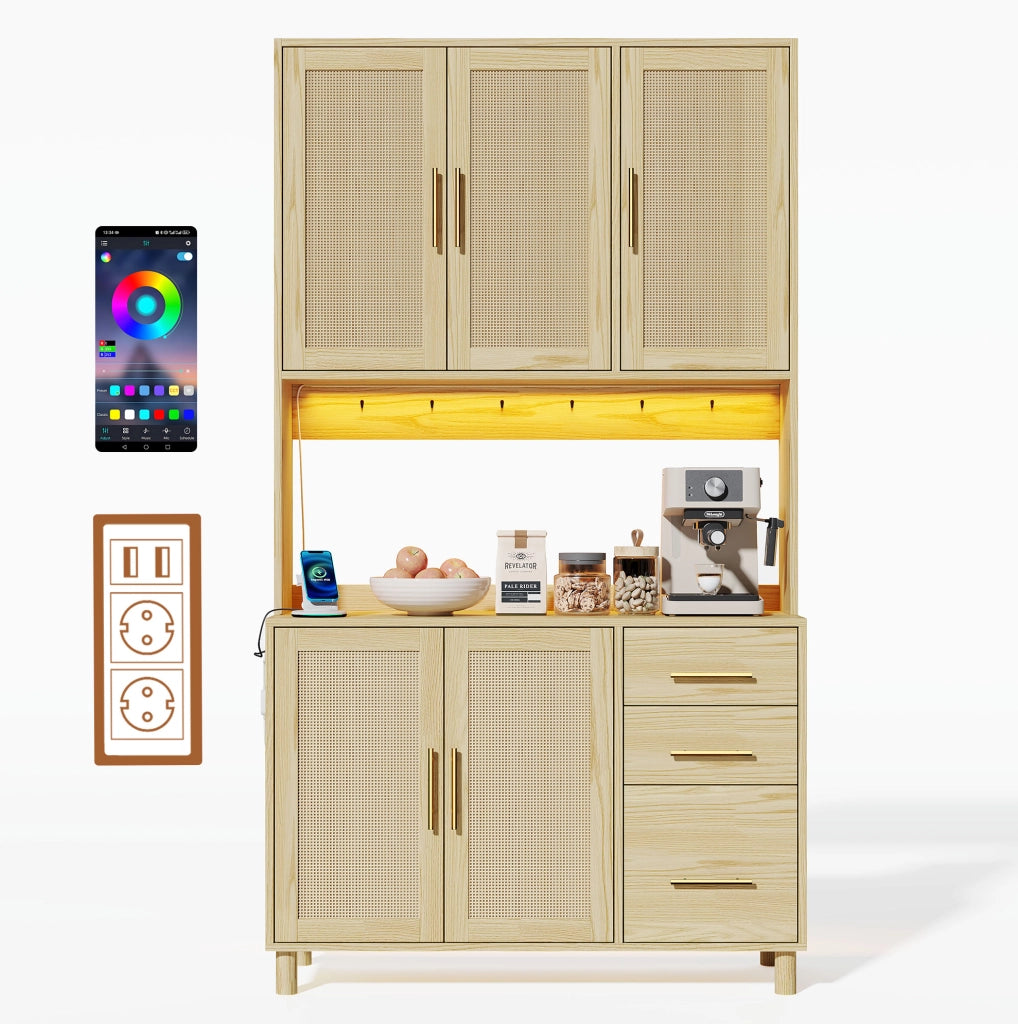 Credenza da cucina con LED multicolore; prese e USB; 3 cassetti in MDF; naturale