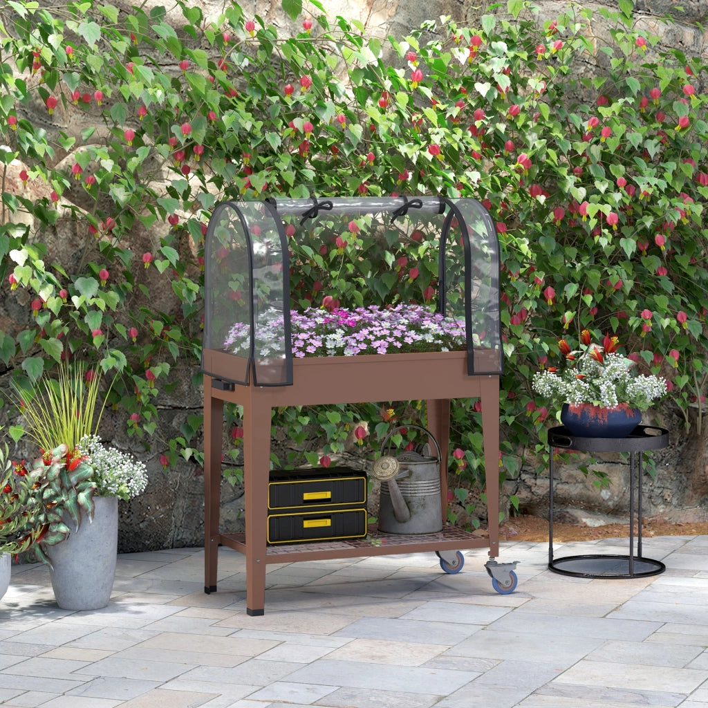 Fioriera Rialzata con Mini Serra per Piante, Ruote e Ripiano, 80x40x120cm, Marrone
