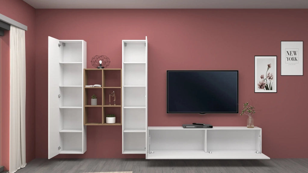 Parete attrezzata TV sospesa bianca libreria in legno 2 armadi Manny WH