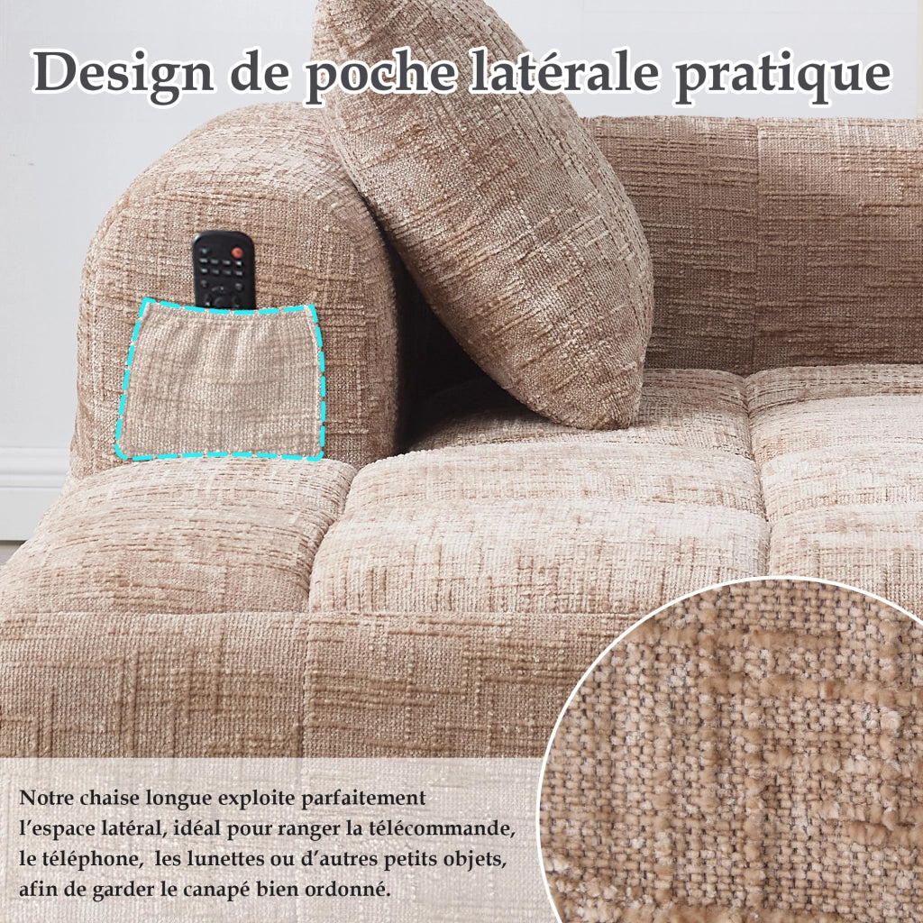 OKWISH Chaise Longue in Ciniglia, Seduta Imbottita con Cuscino e Tasche Laterali, Design Ergonomico, Cachi, 158 × 90 × 60 cm