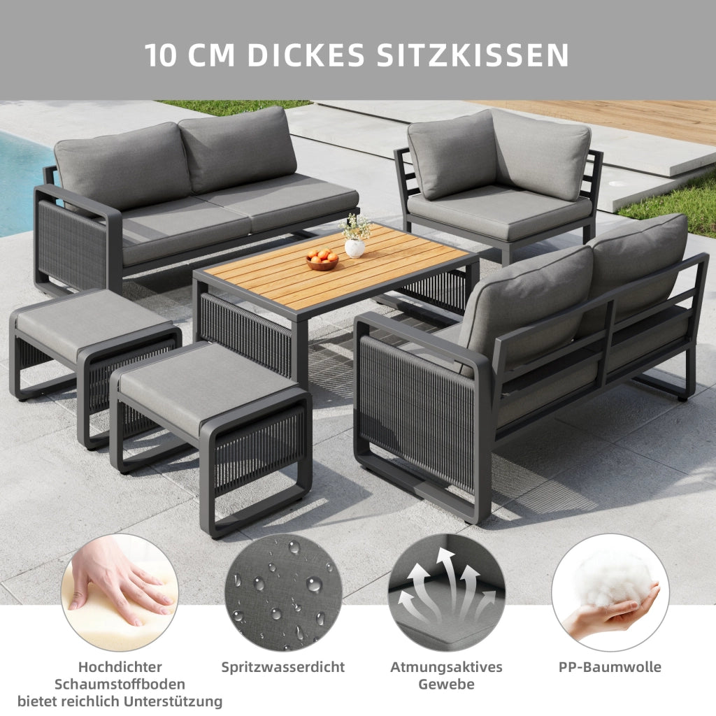 Set poltrona per mobili da giardino set per 6-7 persone divano da giardino in corda intrecciata a mano set d'angolo e poltrona impermeabile in ferro con cuscini morbidi per sedile e schienale gambe regolabili grigio