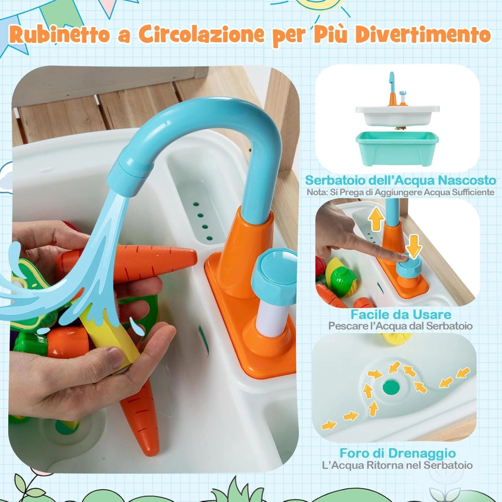 Cucina Giocattolo per Bambini, Cucinatta in Legno da Esterno con 2 Ruote, Griglia, Manopole Girevoli, Lavandino e Rubinetto, Cucina da Fango Interattiva con Accessori per Bambini 3+ Anni