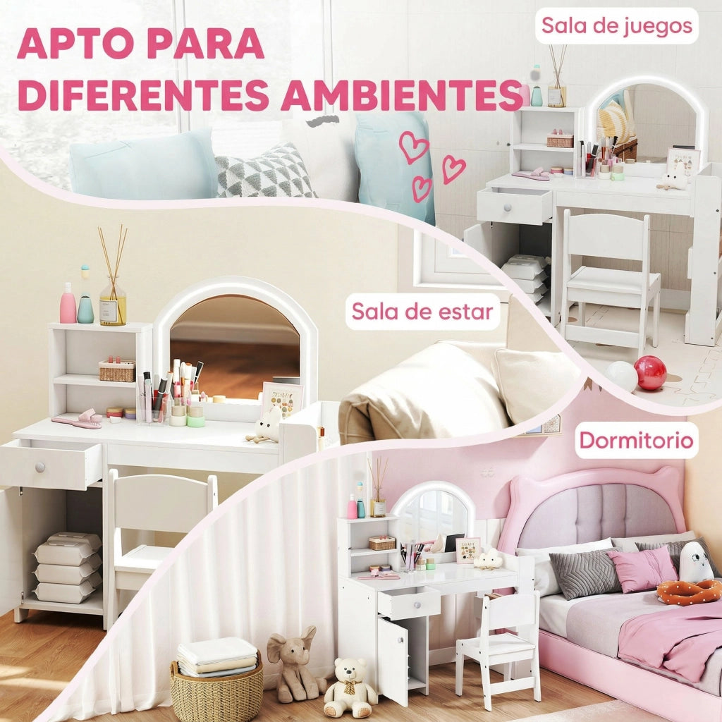 Tocador de Maquillaje per Bambini con Specchio LED e Cassetto ¨C Zephmum ¨C Bianco