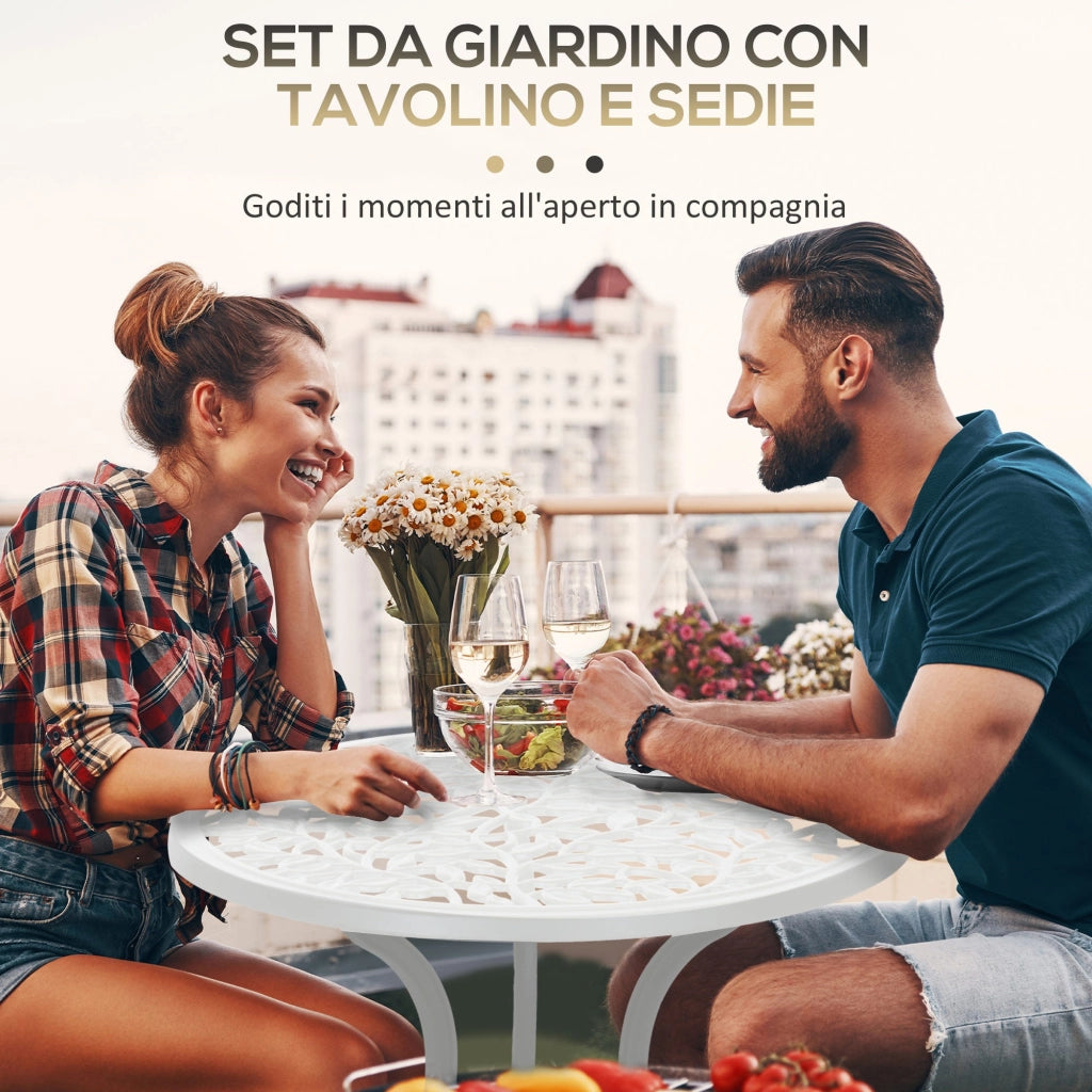 Set Tavolino e 2 Sedie da Giardino in Alluminio Bianco