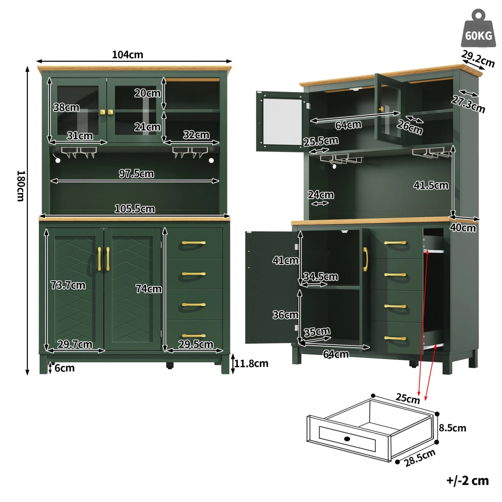 Credenza e madia con 4 ante, ripiani interni e LED, per cucina e soggiorno, in MDF verde, 105,5 × 40 × 180 cm