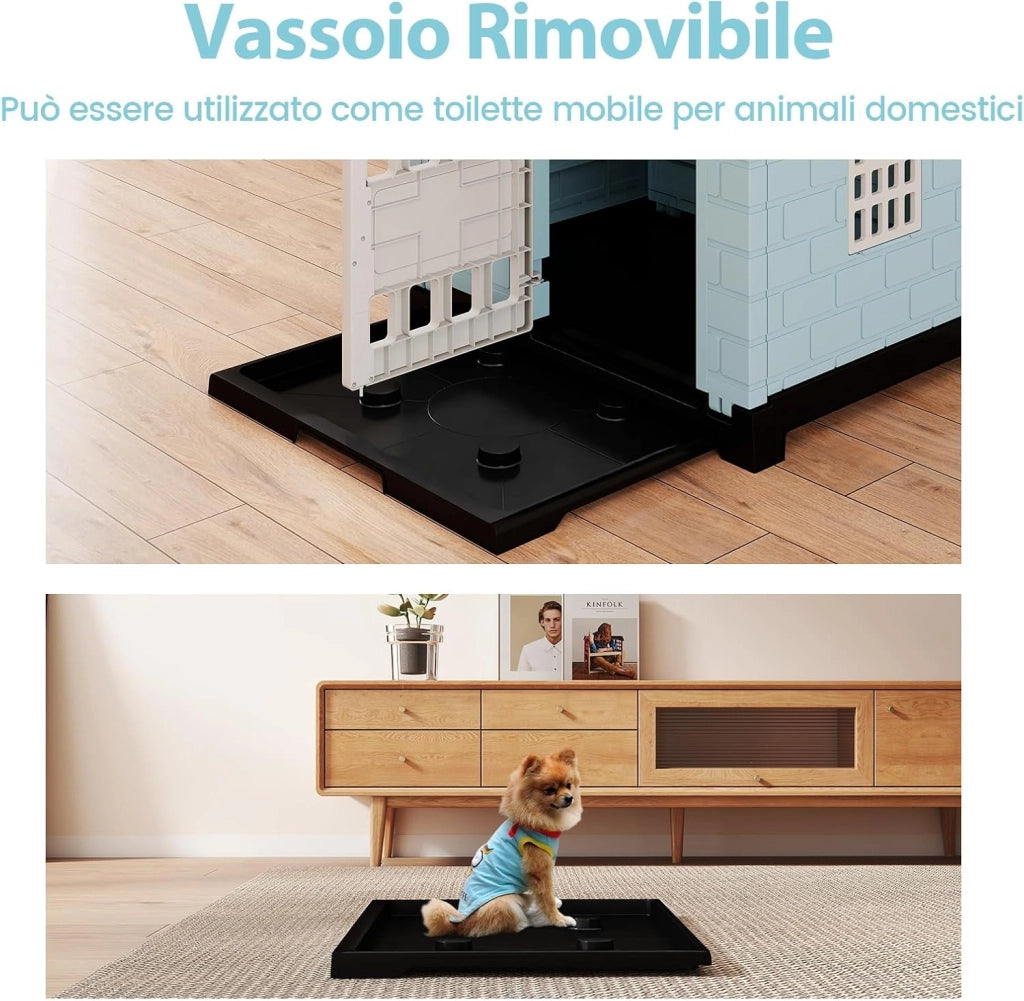 Cuccia per Cani da Esterno ed Interno, Casetta Impermeabile e Ventilata con Vassoio Toilette Rimovibile, Porta Bloccabile, 3 Finestre e Tetto a Pendenza, per Cani di Piccoli e Gatti (Blu)