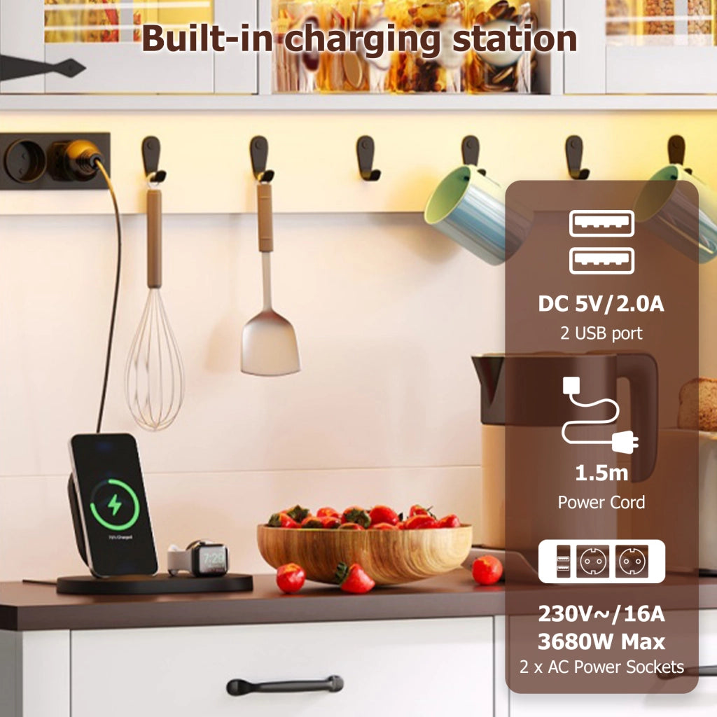 Mobile da cucina, credenza, con prese di ricarica, illuminazione a LED, 6 cassetti, ripiani regolabili, 6 ganci, bianco