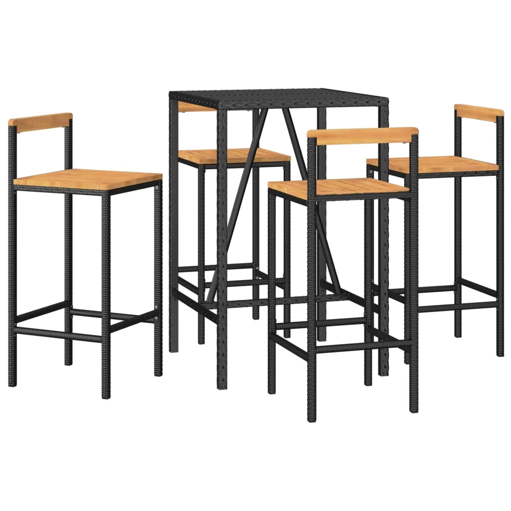 Set Bar Giardino 5 pz Nero Polyrattan e Legno Massello Acacia 3187691