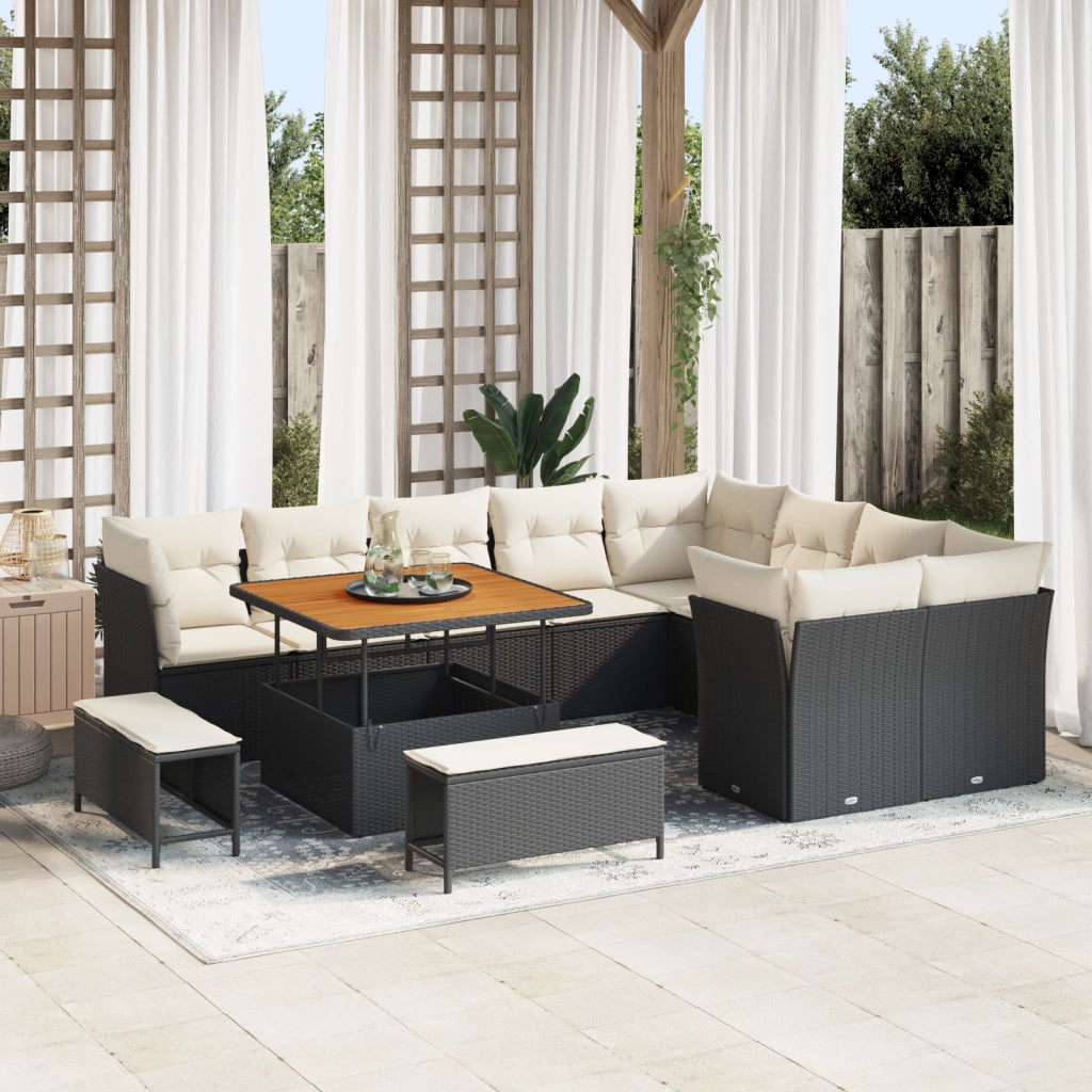 Set Divano da Giardino da 12 Pezzi con Cuscini Nero Polyrattan Acacia