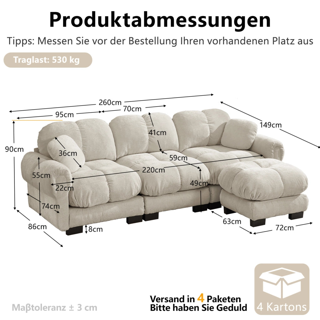 Divano angolare modulare 3 posti in chenille con pouf mobile; 260x149x90 cm; kaki chiaro