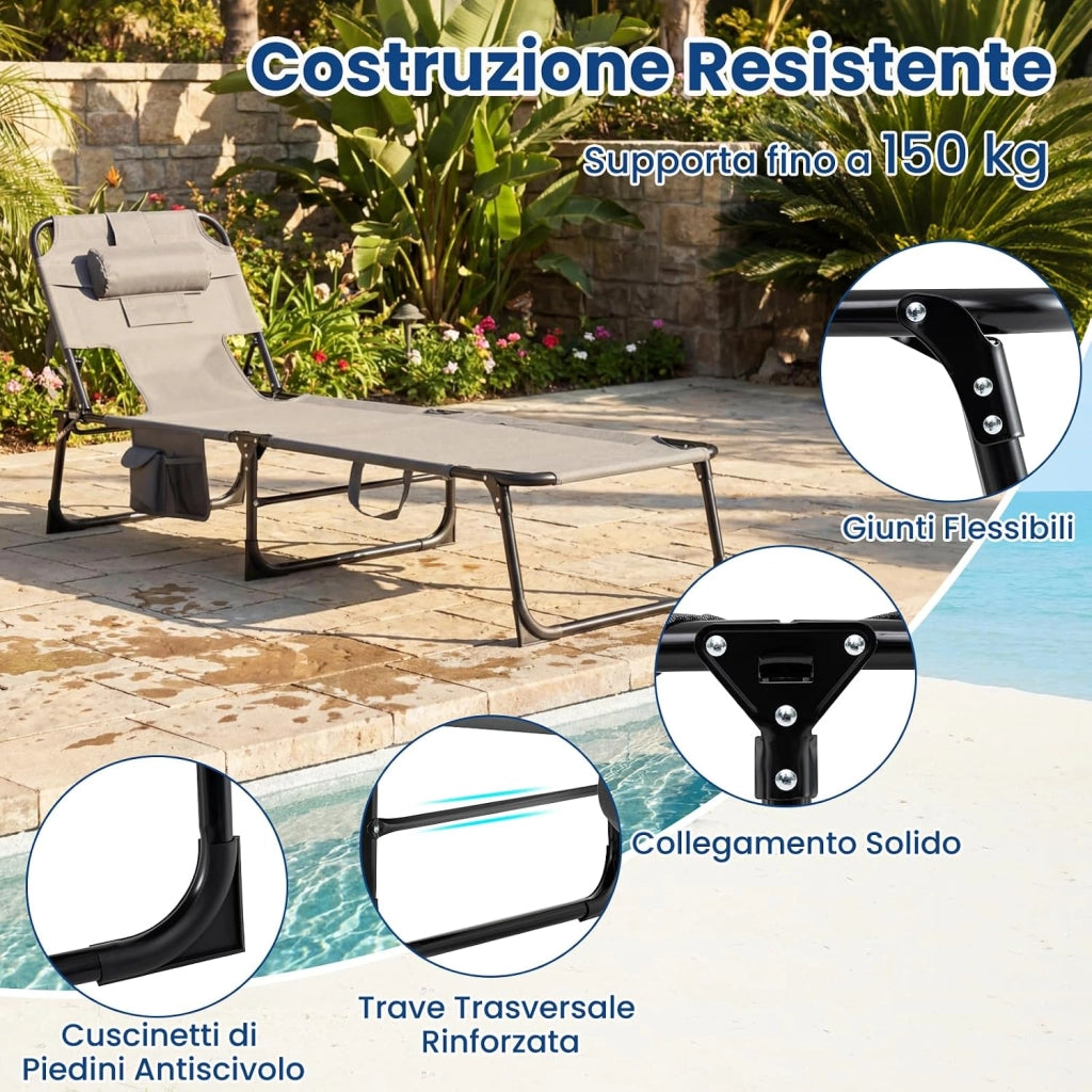 Lettino Prendisole da Spiaggia, Sdraio Mare Pieghevole Portatile con Foro per Viso e Braccia, Cuscino e Tasche Laterali, Schienale Regolabile 4 Posizioni, Portata 150 kg (Grigio)