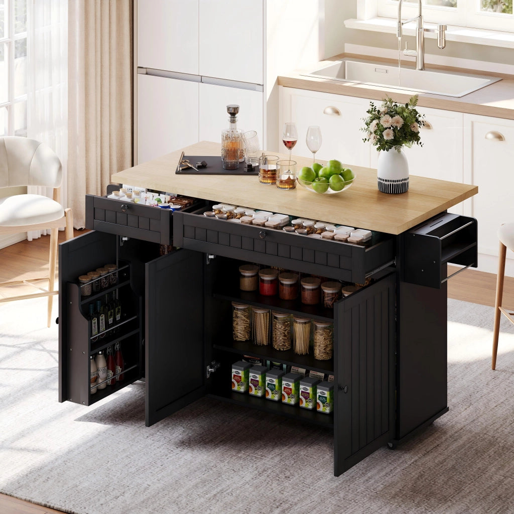 Carrello da Cucina con 2 Cassetti; 1 Armadietto; Ripiani e Portasciugamani; con Ruote; in MDF; 137 x 45 x 89;5 cm