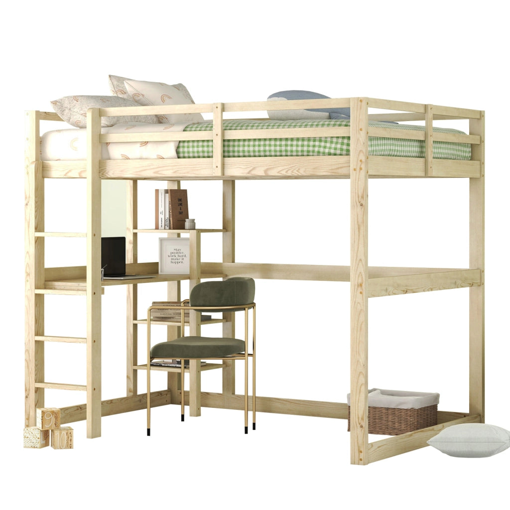 Letto a soppalco 140x200 cm con scrivania e 4 vani in legno di pino; colore naturale