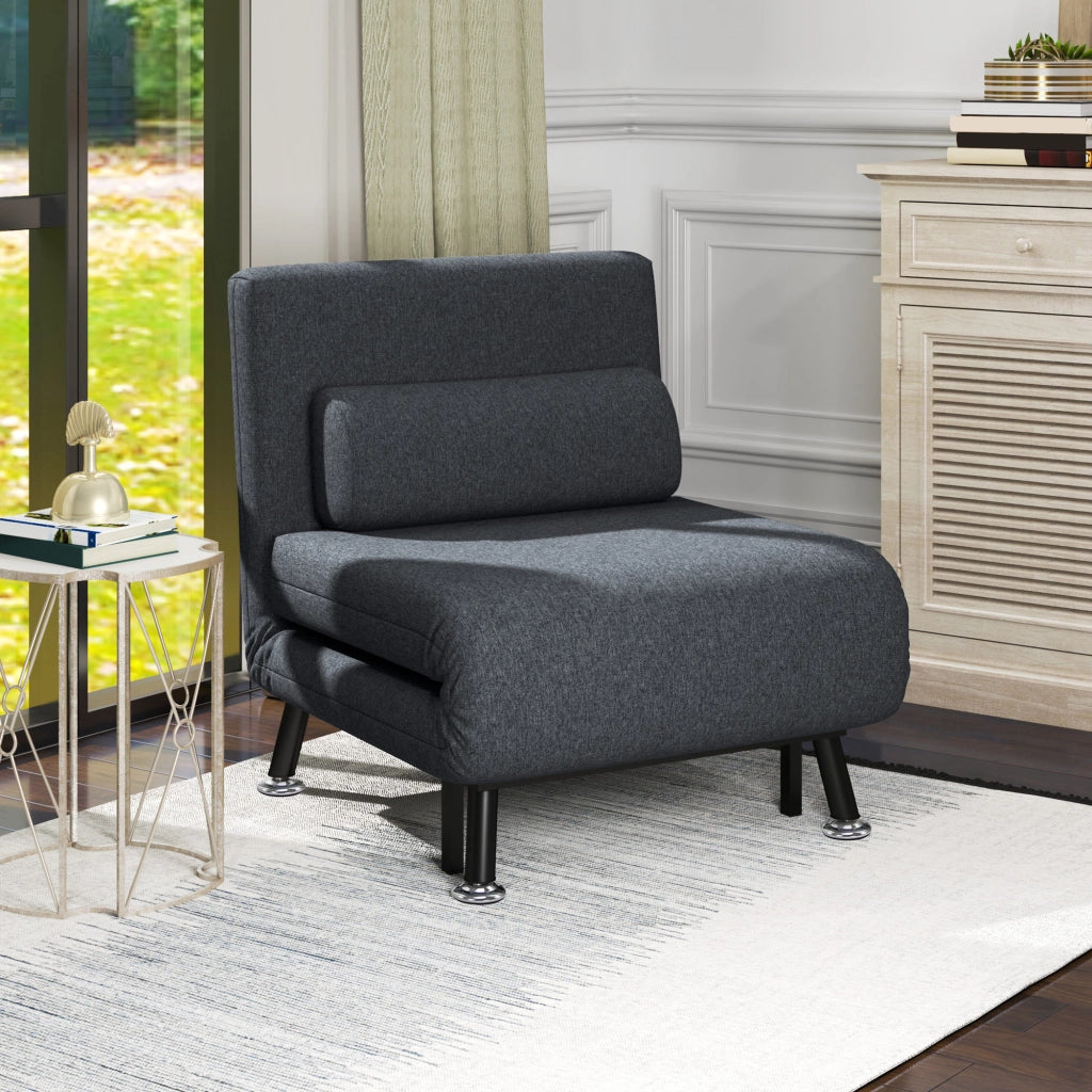 Poltrona Letto 3 in 1 con Schienale Regolabile e Cuscino, in Tessuto Effetto Lino e Acciaio, Grigio Scuro