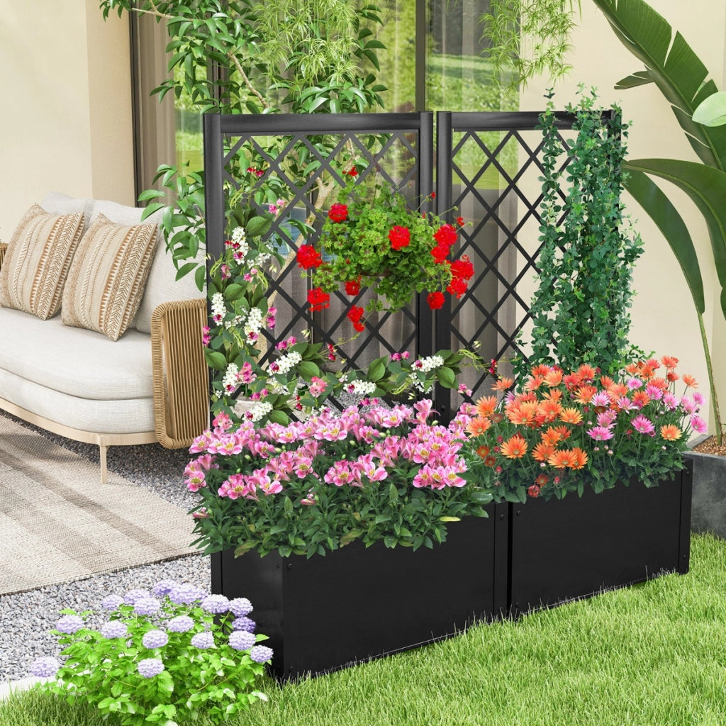 Letto da giardino rialzato con traliccio da 112 cm per piante rampicanti, Contenitore per piante da interno ed esterno Nero-Scaffali per piante