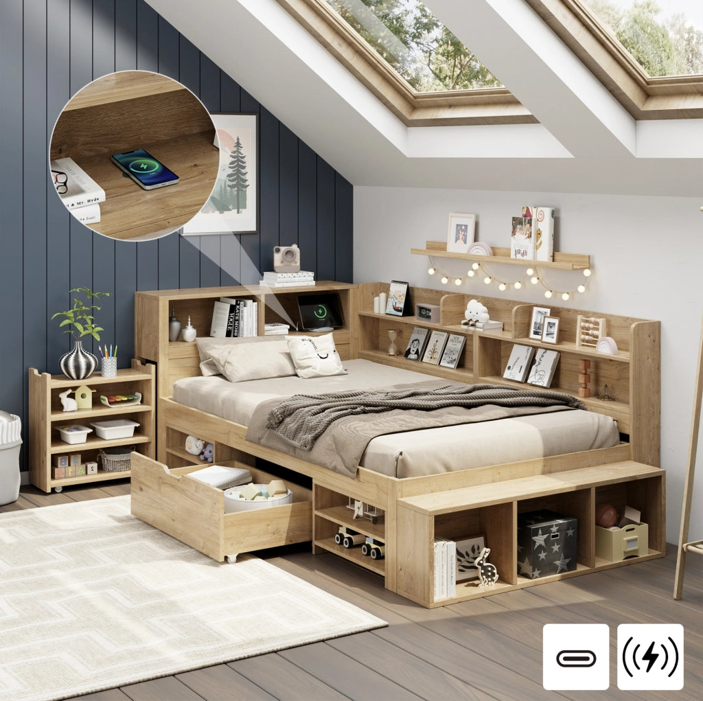 Letto per bambini 90x200 cm con cassetti; scaffali e contenitori in multistrato colore naturale