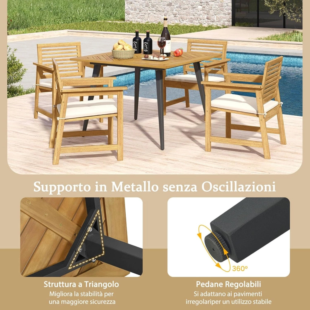 Tavolo da Giardino in Legno di Acacia, Tavolo Rettangolare con Struttura in Acciaio e Foro per Ombrellone, Tavolo da Pranzo Giardino Ideale per Giardino Cortile Balcone (107 x 107 cm)