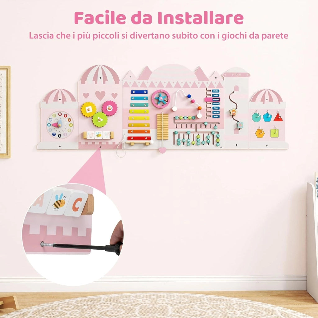 Pannelli da Parete con attività, Busy Board 11 in 1 Montessori in Legno per Sviluppo Sensoriale, Centro di attività Educativo Montato a Parete per Stanza Giochi, Asilo Nido (Castello)