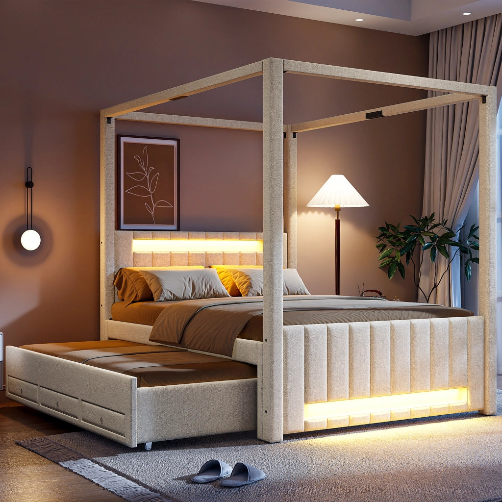 LETTO A BALDACCHINO 140x200 cm con letto estraibile e 3 cassetti, LED Beige