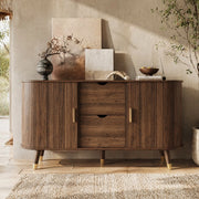 Credenza con venatura verticale, doppio cassetto e ripiani aperti in MDF effetto noce, 140 × 40 × 79,5 cm