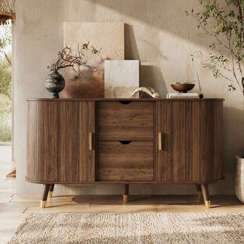 Credenza con venatura verticale, doppio cassetto e ripiani aperti in MDF effetto noce, 140 × 40 × 79,5 cm