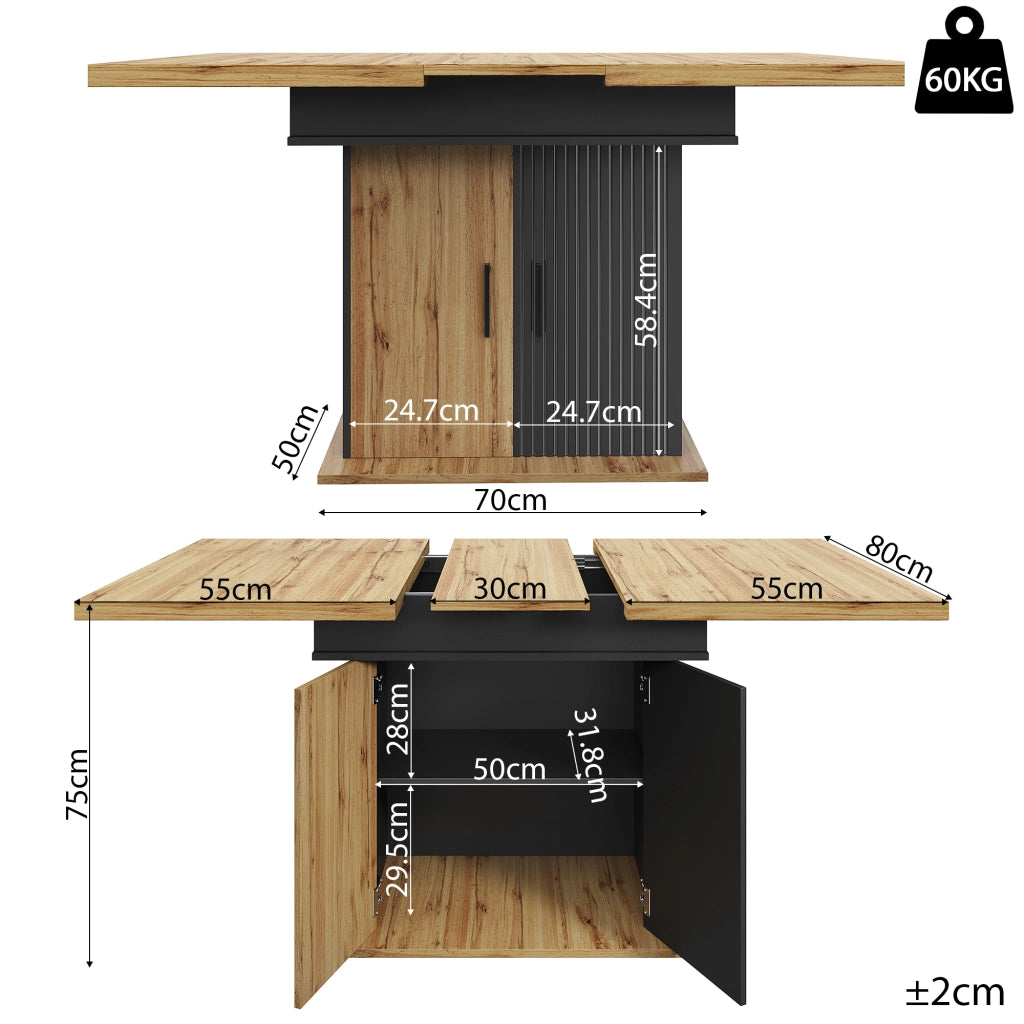Tavolo allungabile con vano contenitore e ripiani regolabili, in MDF, nero e naturale, 110-140 × 80 × 75 cm
