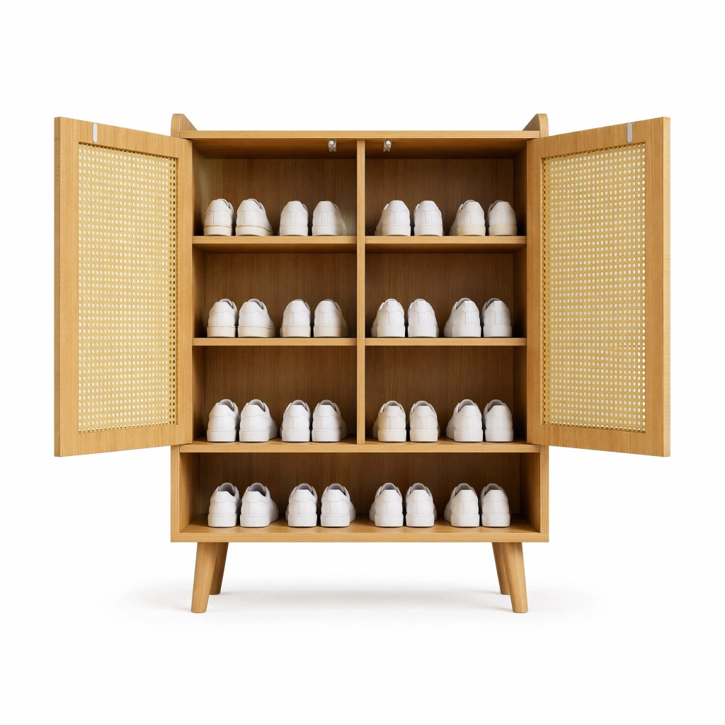 Mobile porta scarpe in rovere chiaro con 2 ante e ripiani interni, struttura in truciolare e gambe in massello, 80x105x35 cm