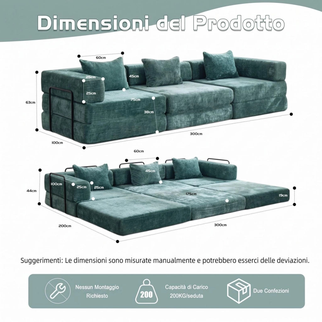 Divano compatto, divano letto pieghevole, moduli senza struttura, tessuto chenille, tre posti, verde scuro