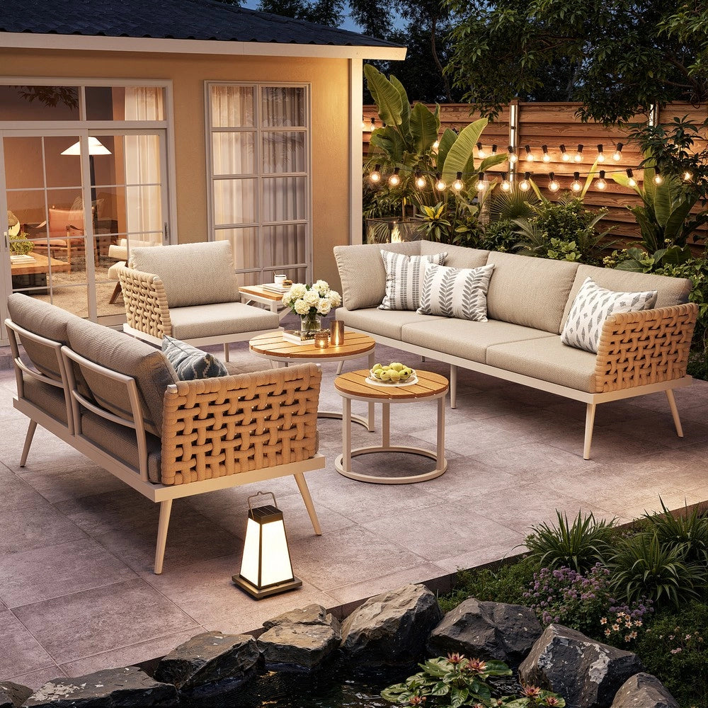 Set Divano da Giardino ad L 6 Posti con Cuscini e Tavolino ¨C Xylo ¨C Polyrattan/Ferro, Grigio/Beige