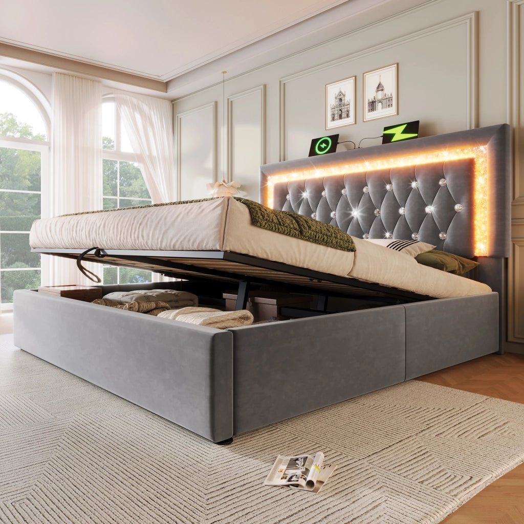 OKWISH Letto Contenitore 180×200 cm, Letto Matrimoniale con LED Regolabile, USB, Tipo C e Motivo a Losanghe, senza Materasso, Velluto, Grigio