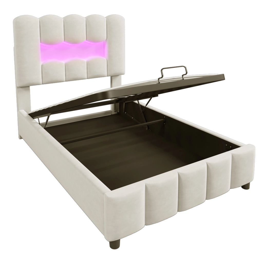Letto contenitore singolo 90×200 cm con LED e testiera regolabile; senza materasso; velluto; beige