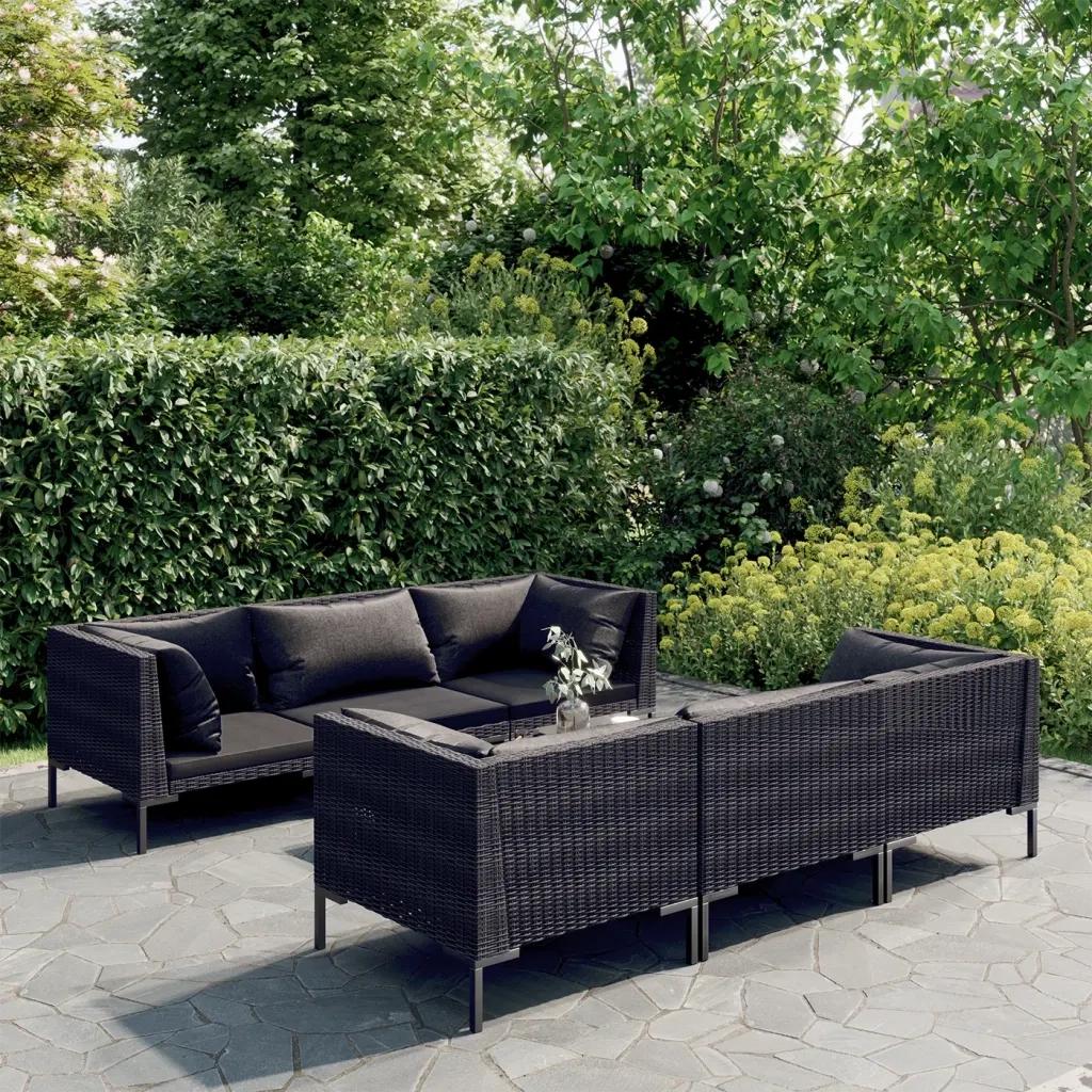 Set Divani da Giardino 7 pz con Cuscini Polyrattan Grigio Scuro 3099800