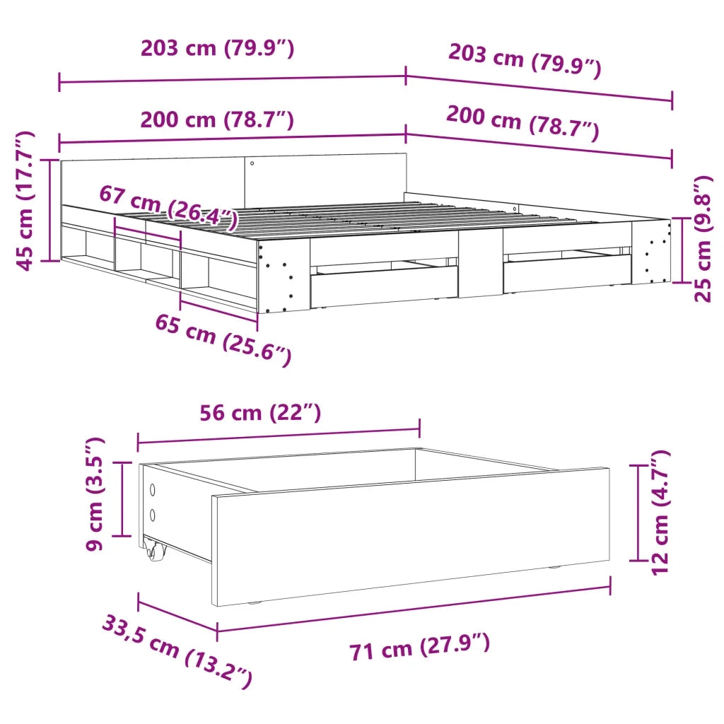 Giroletto con Cassetti Rovere Fumo 200x200 cm Legno Multistrato 3280724