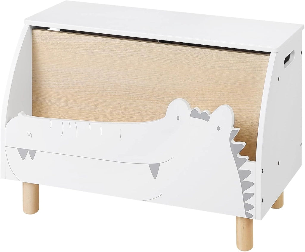 Panca Contenitore per Bambini, Contenitore Porta Giocattoli in Legno a Coccodrillo, Cassapanca con Scomparto Chiuso e Aperto, Bianco, 49,5x30x44,5cm