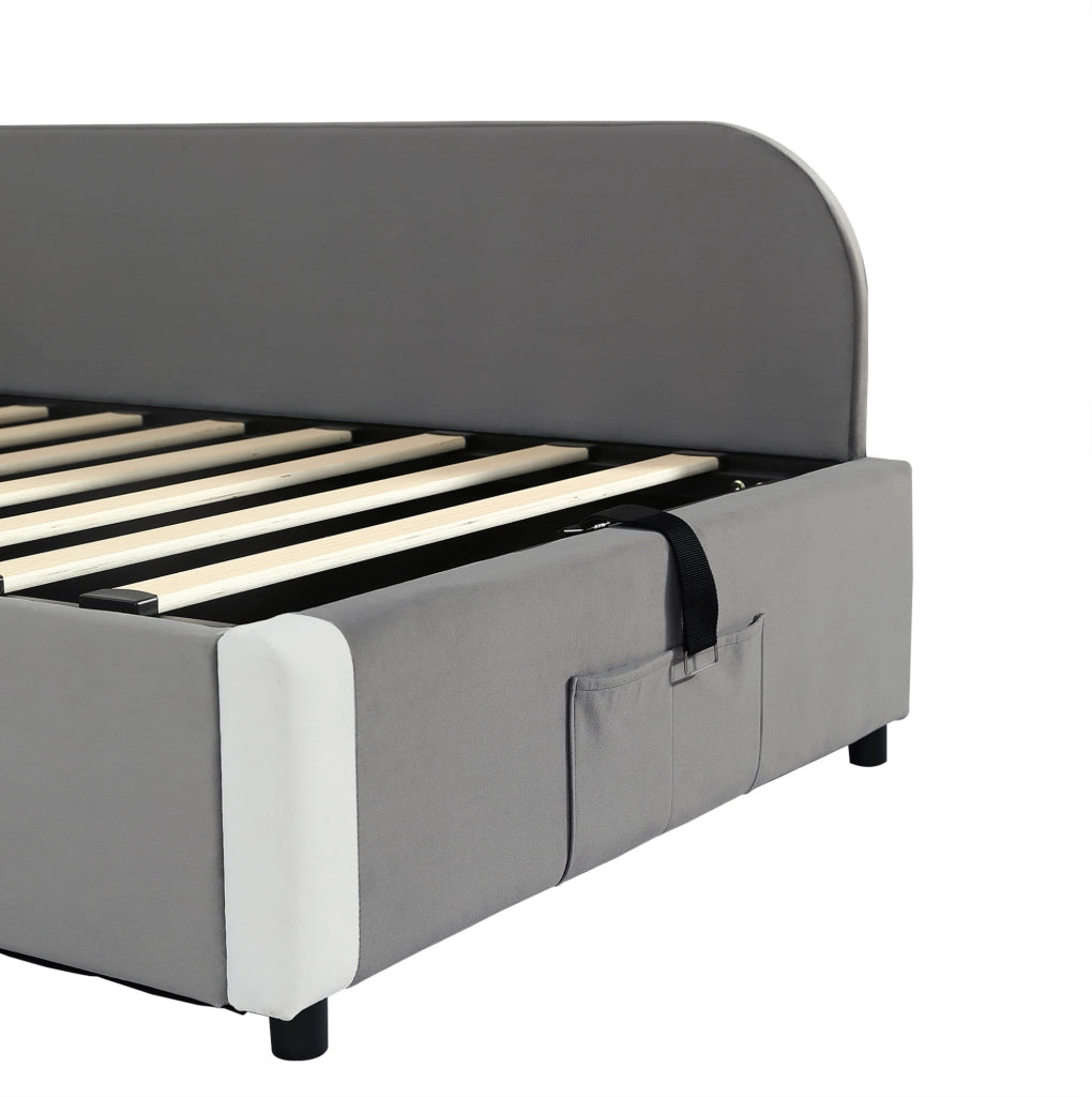 Letto imbottito 90x200 cm con contenitore idraulico in velluto e compensato