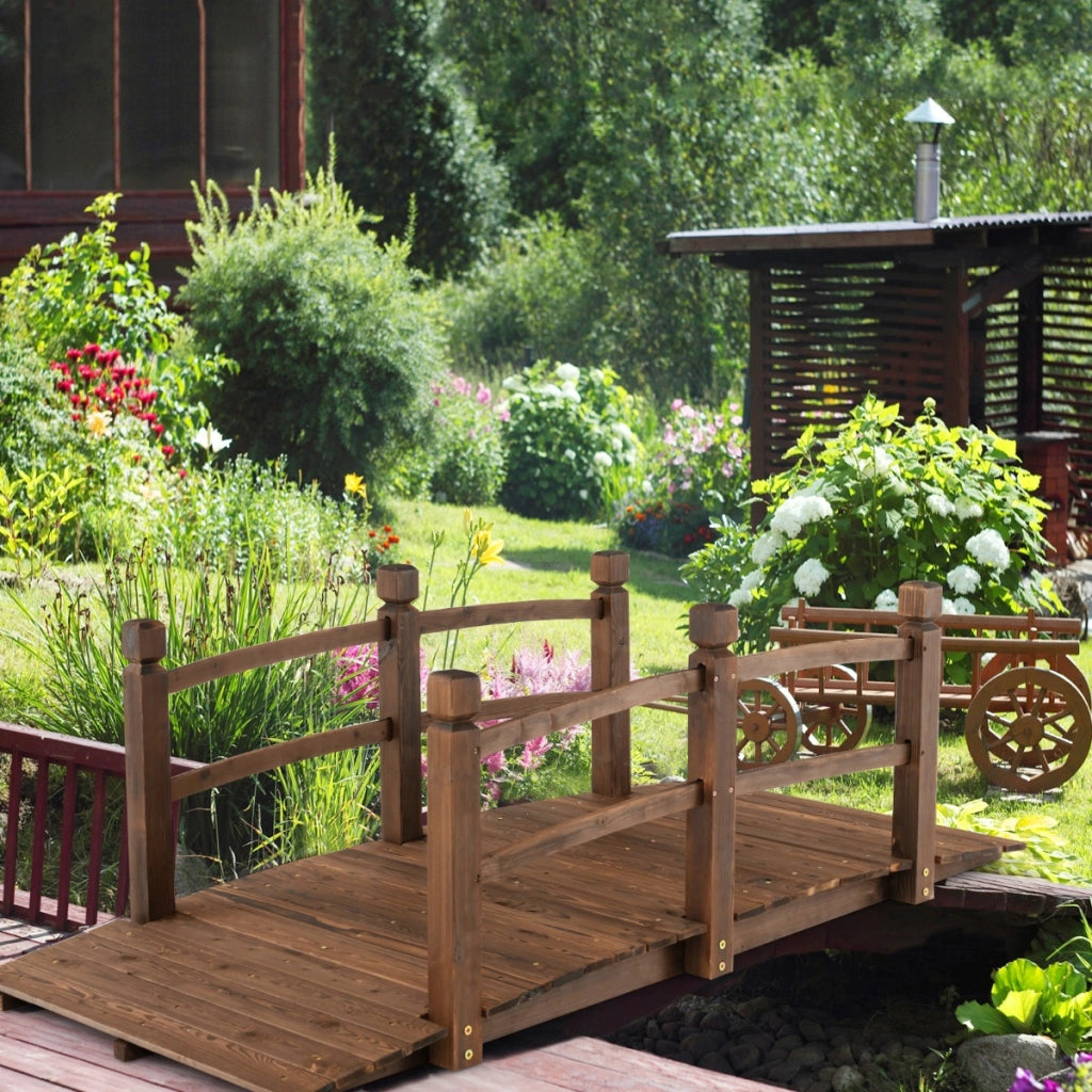 Ponte in legno da giardino 1,7m con ringhiere di sicurezza e portata 180kg, Ponte ad arco decorativo Marrone
