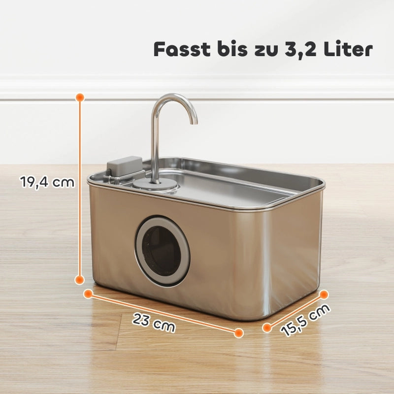 Fontana per gatti in acciaio inox 304 con beccuccio a cascata, filtro, luce LED blu e finestra dell'acqua argento