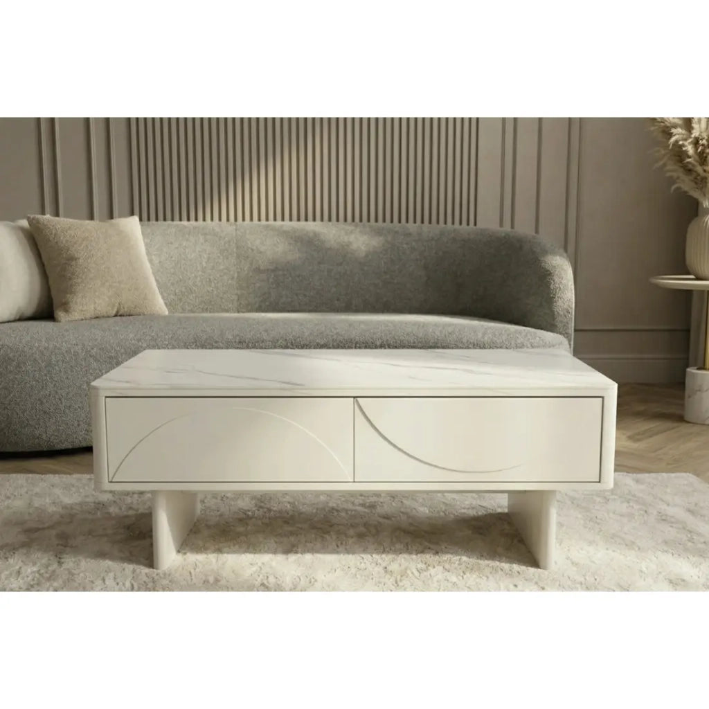Tavolino chic MIYA 120 cm – Piano in ceramica effetto marmo bianco e 2 cassetti